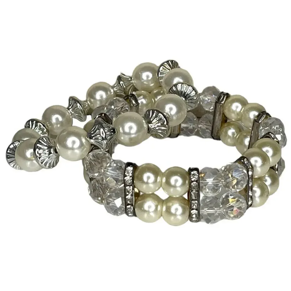 Silver Tone Faux Pearl, Rhinestone and Crystal Bead Bracelets Fashion Jewelry